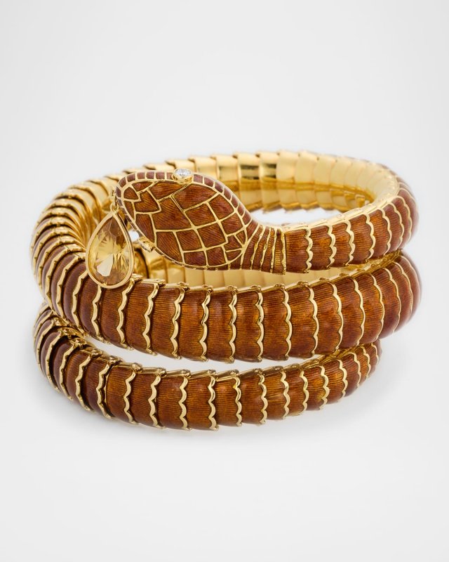 Estate Adria De Haume 18K Yellow Gold Brown Enamel Coil Snake Bracelet